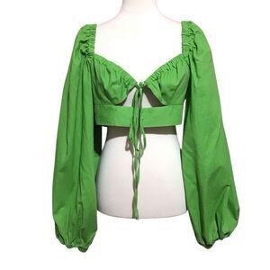 SHEIN X HANNAH G Tie‎ Front Lantern Sleeve Crop Milkmaid Top L